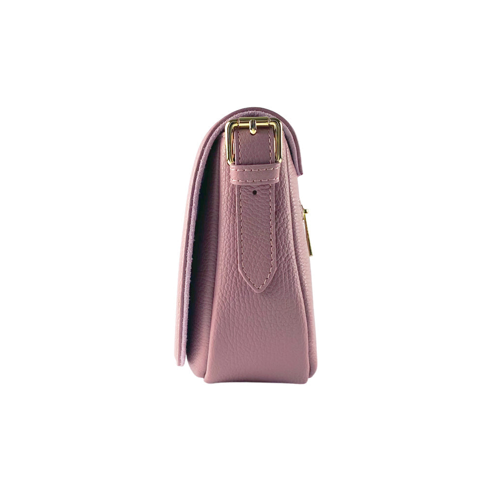 RB1002AZ | Borsa a Tracolla in Vera Pelle Made in Italy con Tracolla removibile in pelle e attacchi con fibbie in metallo Oro Lucido - Colore Rosa Antico - Dimensioni: cm 26 x 20 x 10-2