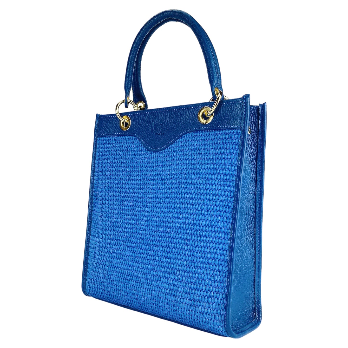 RB1026CH | Women's Vertical Handbag in Genuine Leather and Straw Made in Italy. Removable and adjustable leather shoulder strap. Polished Gold Accessories - Royal Blue Color - Dimensions: 24 x 29 x 9 cm