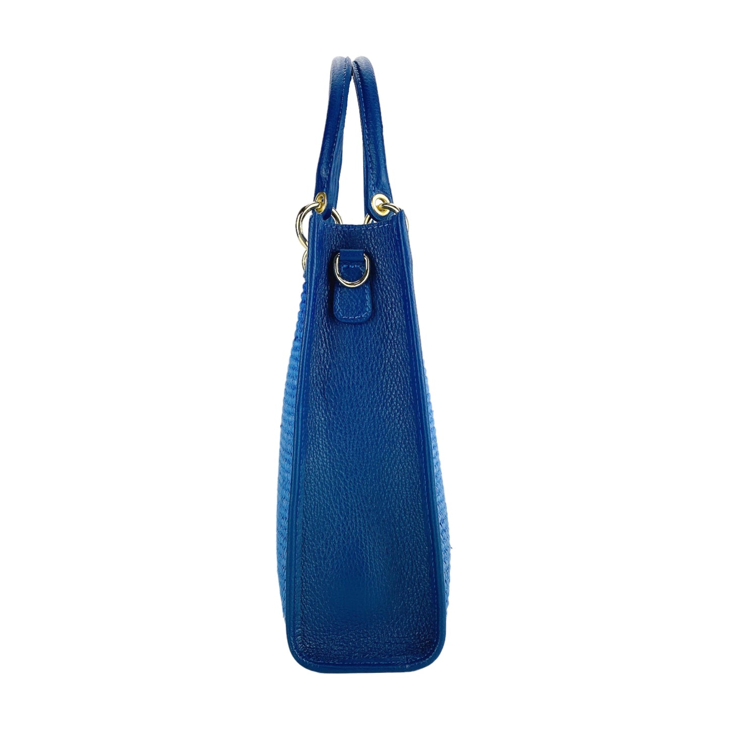 RB1026CH | Women's Vertical Handbag in Genuine Leather and Straw Made in Italy. Removable and adjustable leather shoulder strap. Polished Gold Accessories - Royal Blue Color - Dimensions: 24 x 29 x 9 cm