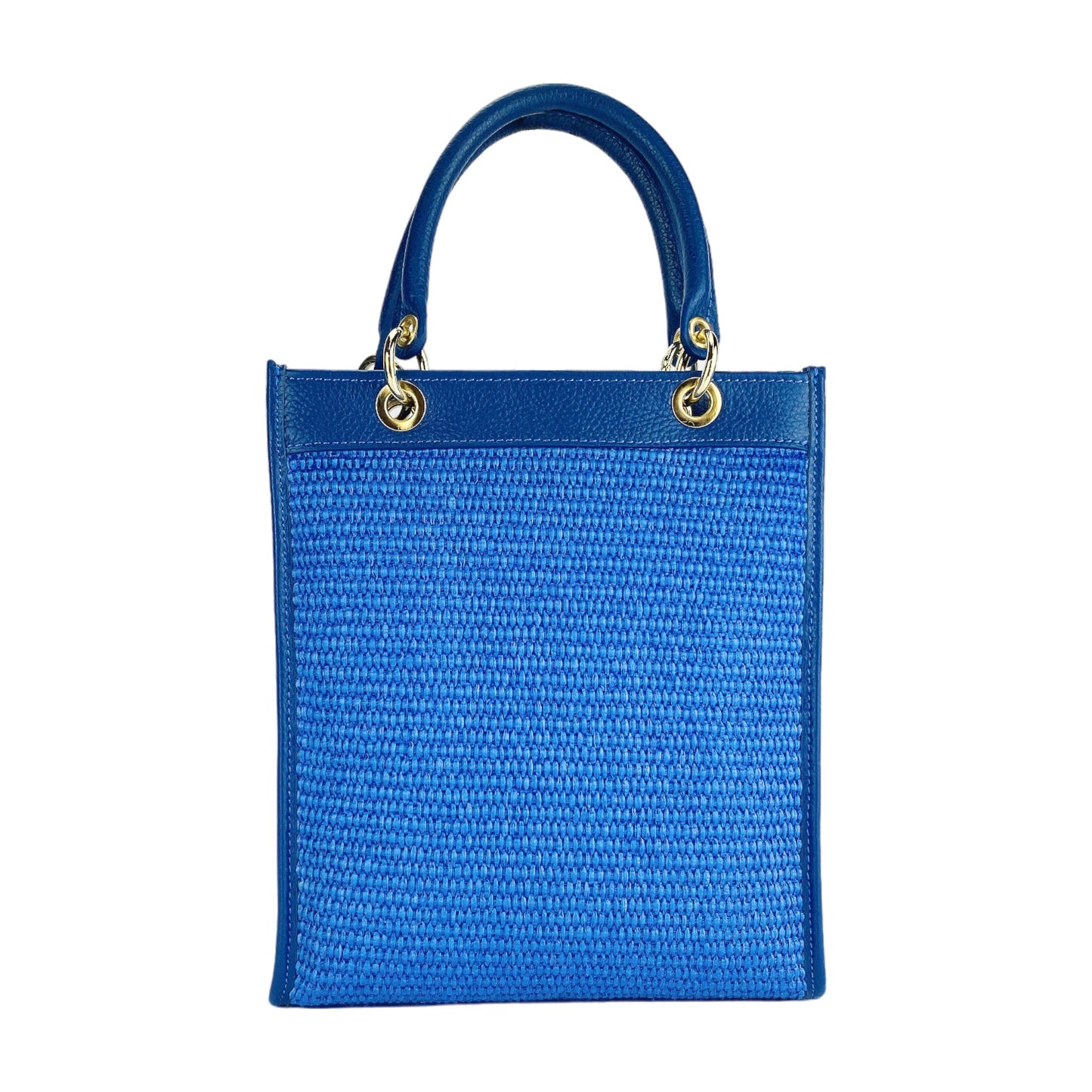 RB1026CH | Women's Vertical Handbag in Genuine Leather and Straw Made in Italy. Removable and adjustable leather shoulder strap. Polished Gold Accessories - Royal Blue Color - Dimensions: 24 x 29 x 9 cm