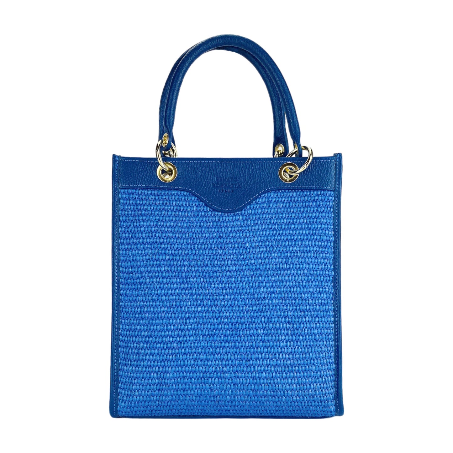 RB1026CH | Women's Vertical Handbag in Genuine Leather and Straw Made in Italy. Removable and adjustable leather shoulder strap. Polished Gold Accessories - Royal Blue Color - Dimensions: 24 x 29 x 9 cm